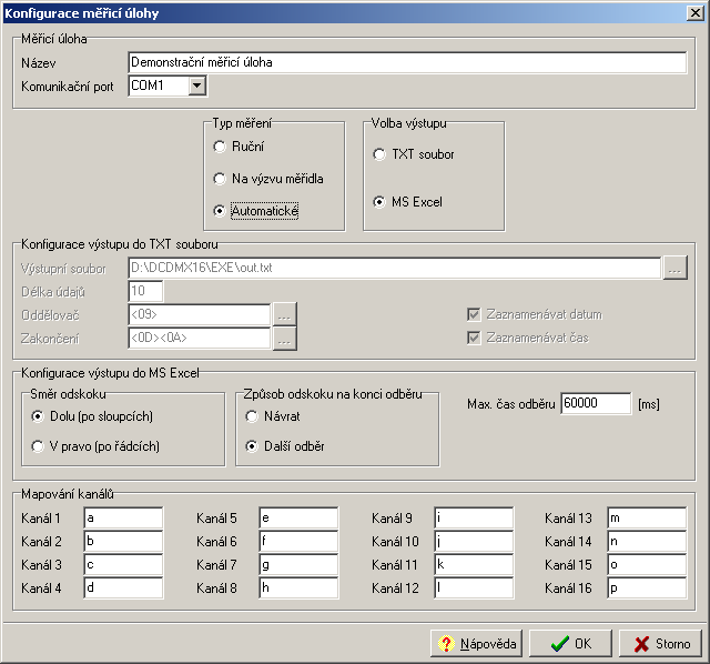 Dialogové okno konfigurace měřicí úlohy nastaveno na automatické měření s výstupem do  MS Excel®