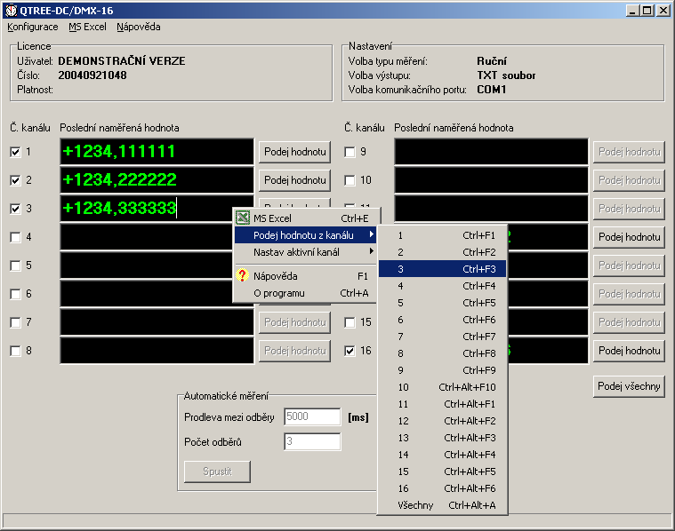 Hlavní okno aplikace QTREE-DC/DMX-16 s vyvolanou místní nabídkou podávání hodnot